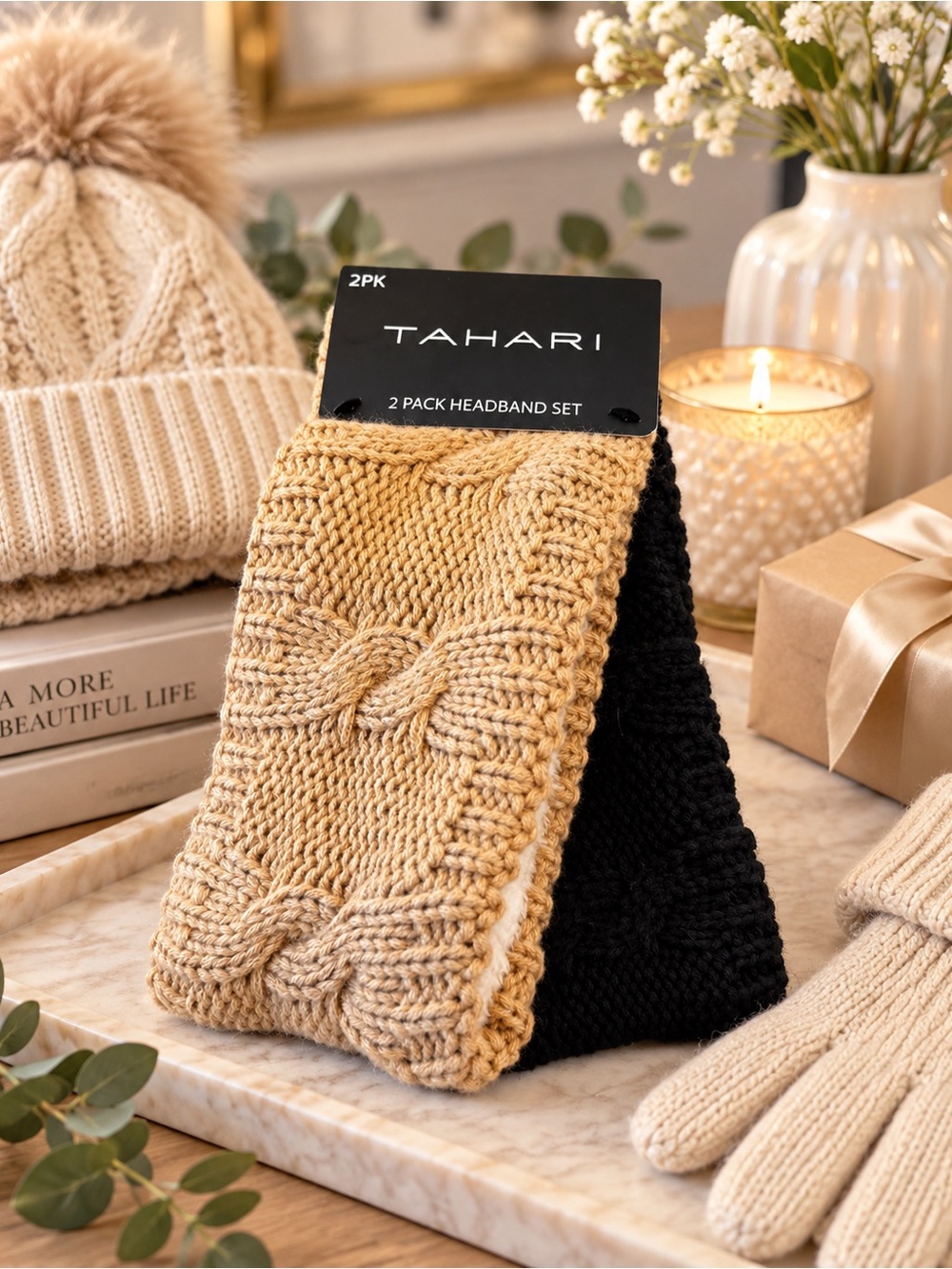Tahari 2 Pack Cable Knit Fleece Lined Headband Ear Warmer Set NWT Black/Tan
